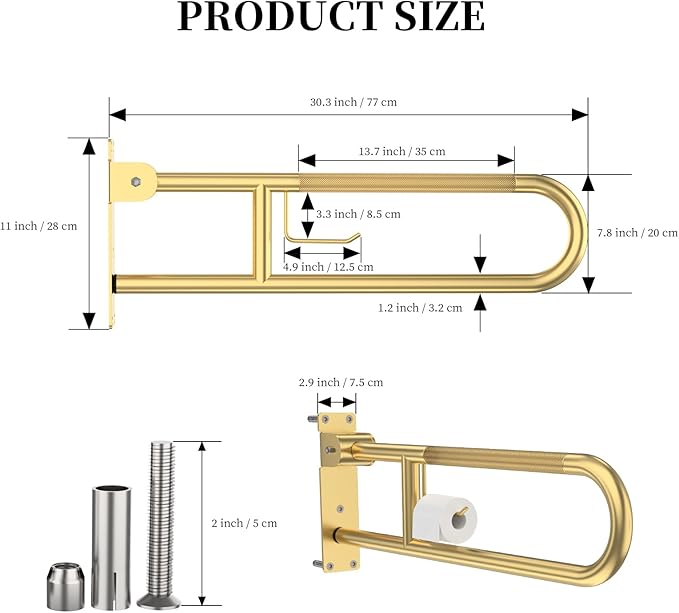 Toilet Grab Bar 30.3 Inch, YuanDe Flip Up Grab Bar with Paper Holder, Brushed Gold Anti-Slip Safety Bars for Toilet, Stainless Steel Knurled Toilet Handles for Seniors Disabled Elderly Pregnant
