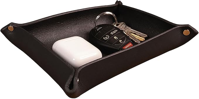 Valet Tray – Full-Grain Leather Catchall Organizer for Keys, Phone & Wallet – Rustic Nightstand & Desk Tray with Raised Sides – Handmade in USA (Black, Small Rectangle)