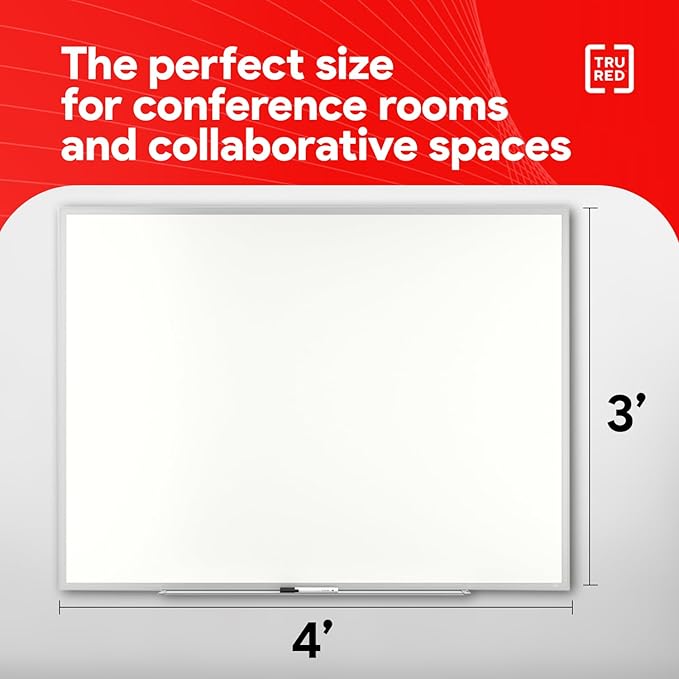 TRU RED Melamine Whiteboard | Dry Erase Board for Wall, White Board with Black Aluminum Frame, 4 ft x 3 ft, 1 Black Marker Included