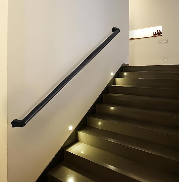 6FT Modern Aluminum Handrail Set - ADA Compliant Indoor & Outdoor Stair Railing. 1.4" Diameter Grab Bar. Wall-Mounted with 90°Wall Return End. Rust-Free, (6 FT Matte Black- Two Joined Pieces)