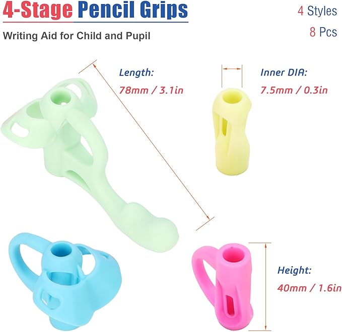 4-Stage Pencil Grips for Kids Writing Posture Correction, 8 Pack Pencil Holder for Toddlers Writing Aid Tools, Pencil Grippers for Preschoolers Needs in Classroom, Assorted Colors
