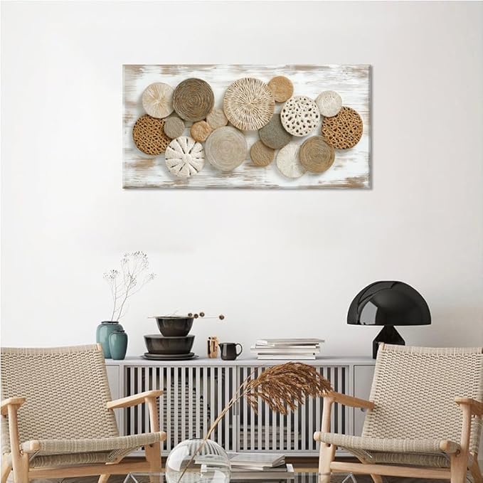 Brown Rattan Plates Canvas Wall Art for Bedroom Painting Prints Beautiful Geometric Radial Geometry White Modern Artwork Office Girls Decor
