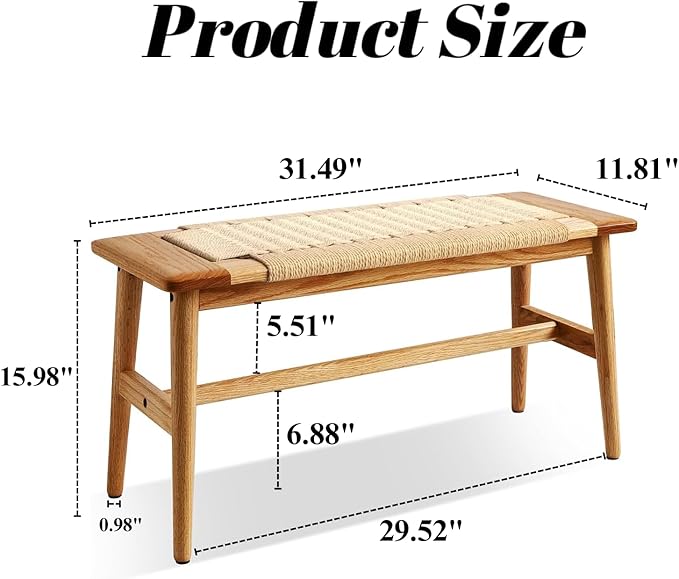 32" L 100% FAS Oak Wooden Bench Indoor - Solid Wood Rope Woven Entryway Bench, Dining Bench, Boho Furniture for Entryway, Dining Room, Bedroom, Kitchen (Natural)