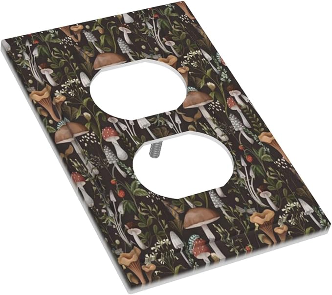 Rustic Vintage Boho Plant Mushroom Floral Leaf 1 Gang Duplex Outlet Cover Decorative Single Wall Plate Electrical Receptacle Light Switch Cover Dimmer Swithplate Faceplate for Country Bathroom Kitchen
