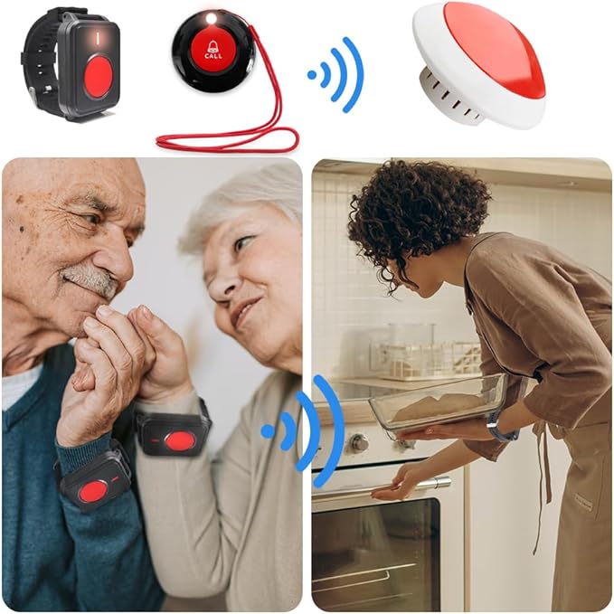 Wireless Call Strobe Light System for Elderly Wrist SOS to Caregiver Pager Life Alert Systems for Seniors Patients at Home Hospitals Nurse with 1 Call Light Waterproof Watch and Lanyard Panic Button