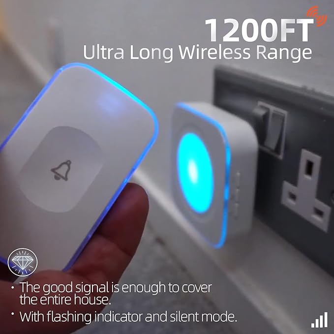 Wireless Doorbell Waterproof 1200 feet Door Bell with 2 Buttons with Different Tones Operating at 36 Melodies 4 Volume levels Flash Light 1 Receiver 2 Button White JSIEEM
