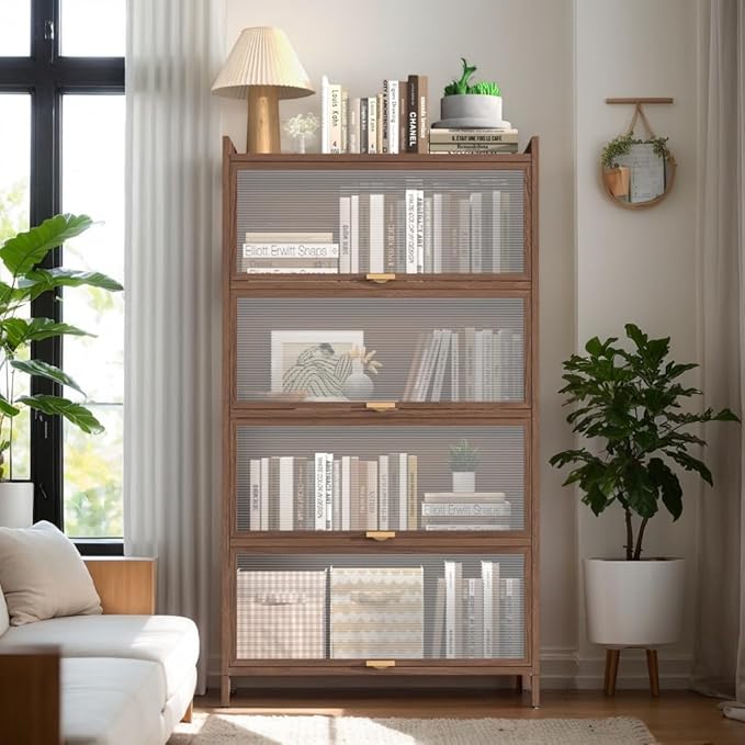 57'' Tall Metal Storage Cabinet with 4 Flip Doors, Freestanding Steel Organizer with Ample Storage Space for Bedroom Living Room Kitchen Office Entryway, Storage Organizer Walnut Finish