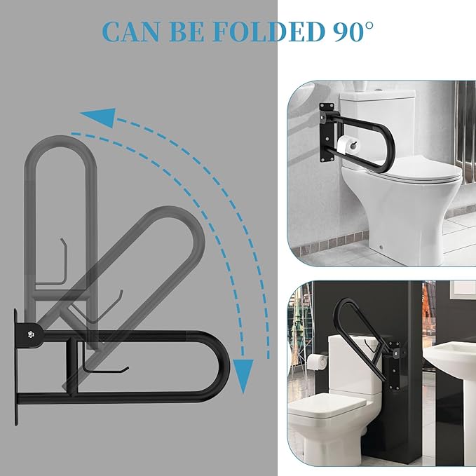 Toilet Grab Bar 22.4 Inch Black, Munzong Anti-Slip Handicap Grab Bars with Paper Holder, Flip-Up Bathroom Safety Rails, Stainless Steel Knurled Support handrails for Seniors Elderly Disabled Pregnant