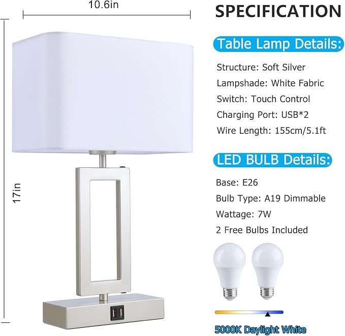 Table Lamp Set of 2 Lamps for Bedroom, Touch Control Table Lamps with 2 USB Ports, 3-Way Dimmable Bedside Nightstand Lamps, Silver&White Lamp for End Table Living Room Modern