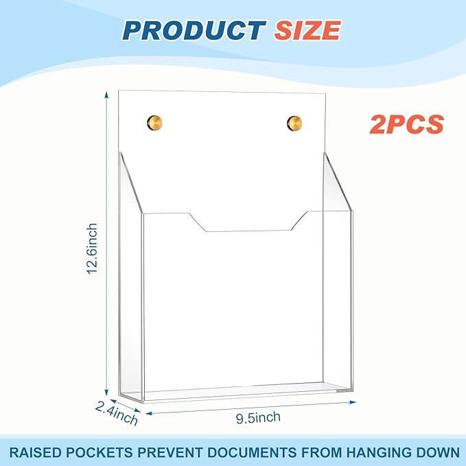 2Pcs Clear Acrylic File Holder Wall Mount Mail Magazine Organizer File Holders with Screw Wall Pocket Office Document Storage Rack Magazine Letter Brochure(12.6"x9.5"x2.4",Vertical)