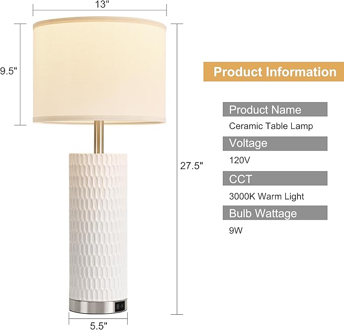 27.5" Ceramic Table Lamp, Table Lamp for Living Room with USB A+C Charging Ports, 3 Way Touch Control Table Lamps for Bedroom, Modern Bedside Lamp Set of 2, End Table Lamps, Bulbs Included White