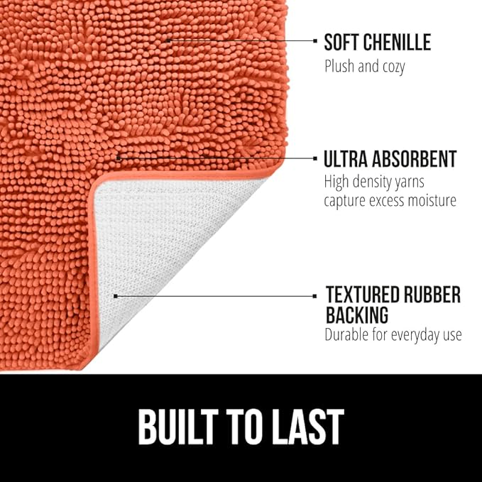 GORILLA GRIP Bath Rug Mat 44x26, Thick Soft Absorbent Chenille, Quick Dry Microfiber Mats, Rubber Backing Washable Shower Floor Rugs, Bathmat Runner, US Designed Bathroom Home Decor Accessories Coral