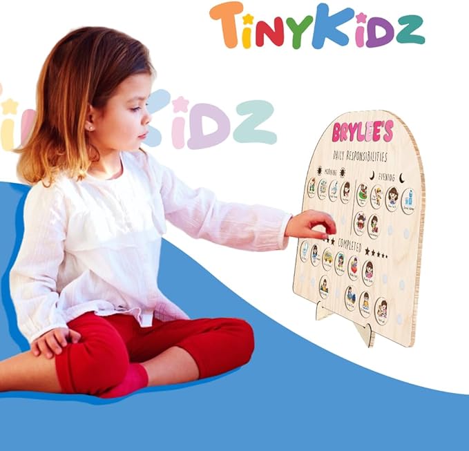 Wooden Chore Chart for Kids Visual Schedule, Routine Chart for Kids, Morning Bedtime Routine Chart for Toddlers Ages 2-4, Daily Kids Schedule Board for Home (09)
