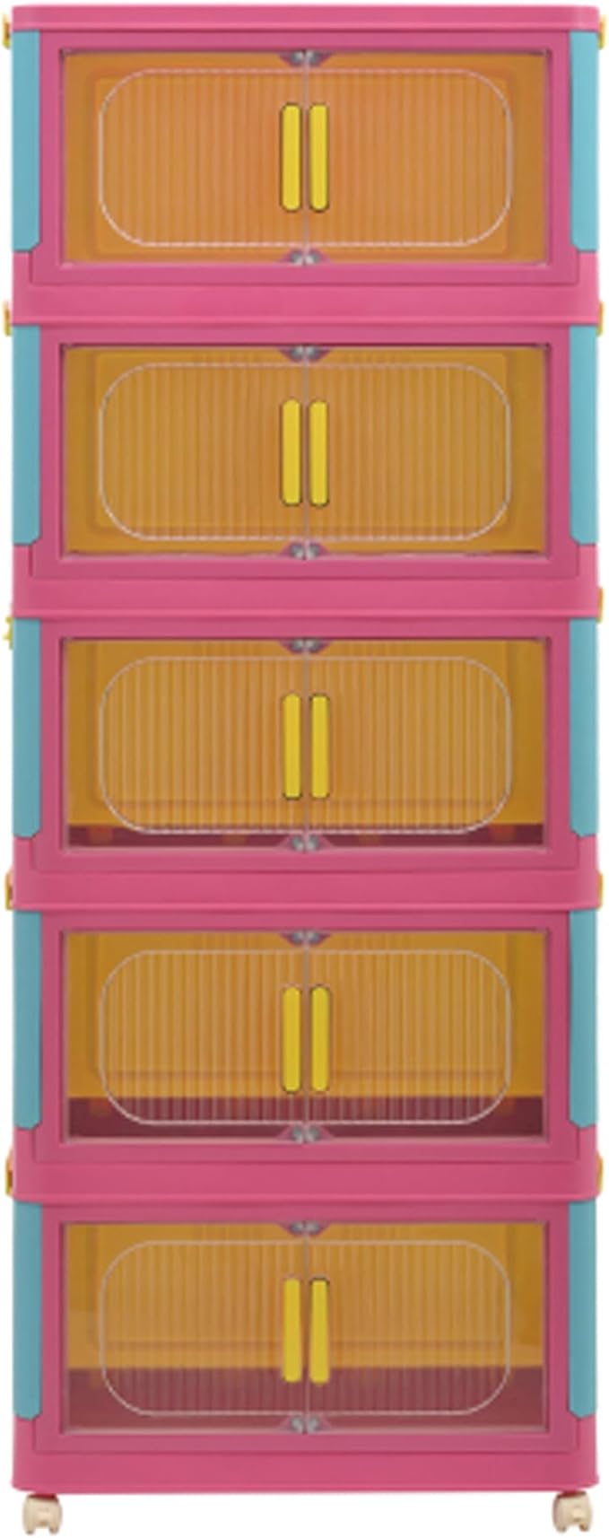 5 Tiers Folding Storage Cabinet, 20" Side Wide Collapsible Storage Bins with Doors and Wheels, Space Saving Plastic Cabinet for Living Room, Office, Dorm, Rainbow