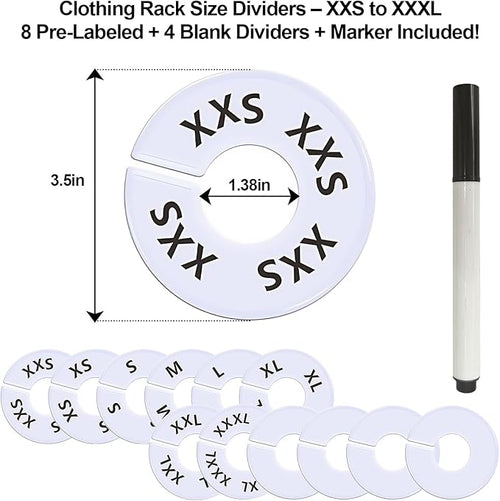13 Pcs Clothing Rack Size Dividers Round White Plastic Size Markers for Clothing Rack Pre-Labeled (XXS-XXXL) & Blank Dividers & Erasable Pen for Closet, Retail Store, Wardrobe