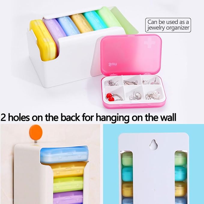 7 Piece Set Pill Organizer 6 Times a Day, Weekly Pill Case, Pill Organizer with Labels, Travel Pill Dispenser 7 Day with 42 Copartments for Medication/Vitamin/Fish Oil/Supplements - Rainbow Colors