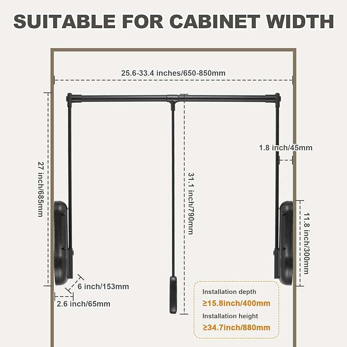 YJINGRUI Pull Down Closet Rod, 120° Pull-down Wardrobe Hanger with Lift Damping System, 55lb Adjustable Clothing Rack for Cloakroom/Bedroom/Balcony (25.6"-33.4")