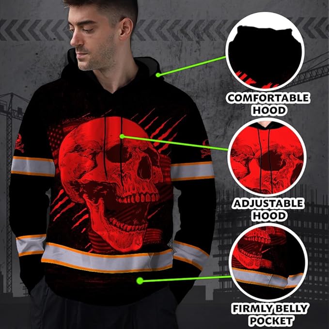 Matedecor Skull US Flag Reflective High Visibility Hoodie For Men Construction Hi Vis Safety Workwear Custom Name