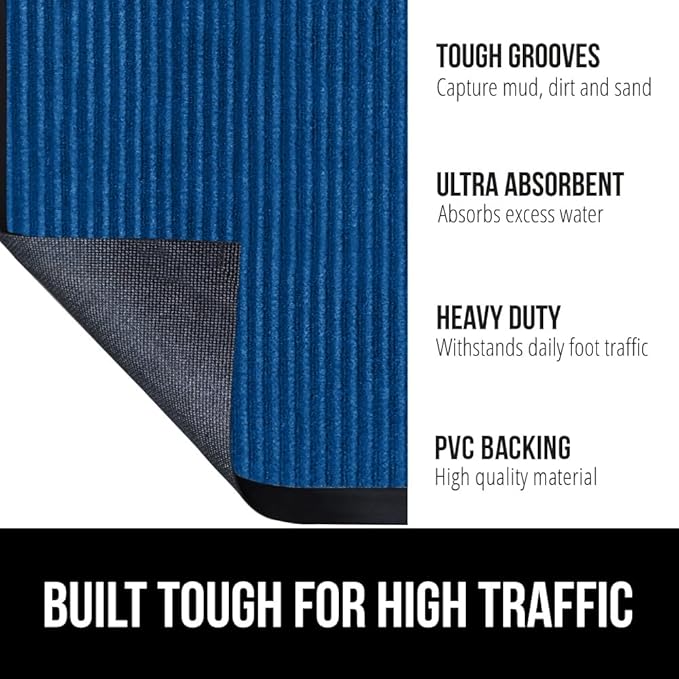 GORILLA GRIP Waterproof Traffic Guard Door Mat, 2 Pack Heavy Duty Entryway Mats, Strong Rubber Back Commercial Utility Rugs for Office Hallway, Garage Floor and Home, Low Profile Carpet, 35x23, Blue