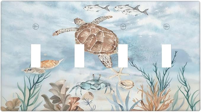 Light Switch Covers Sea Turtle Coral Reef Nauticaltheme Quad Toggle Electrical Faceplate 4 Gang Wall Plate Decorative Switch Plates for Kids room Bathroom Decor