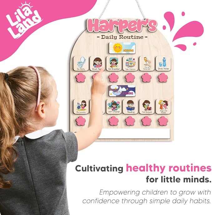 Personalized Wooden Chore Chart for Kids, Daily Routine Chart for Toddlers, Visual Schedule for Kids Age 3-5, Morning Bedtime Routine for Girls (02_1)