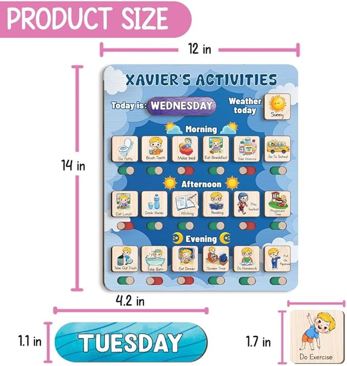 Personalized Wooden Daily Routine Chart 12x14", Visual Schedule, Daily Responsibilities for Kids, Morning Bedtime Routine Chart for Toddlers (11)