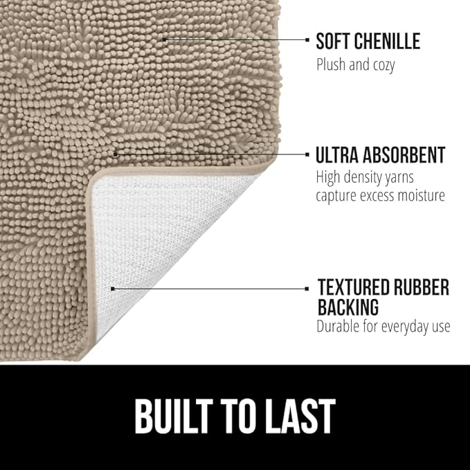 GORILLA GRIP Bathroom Rug Sets 3 Piece, Bath Mat Set and Oval Toilet Base with Rubber Backing, Plush Absorbent Shaggy Chenille Washable Mats, Includes 24x19.5, 24x17 and 30x20 Inch Rugs, Gray Beige