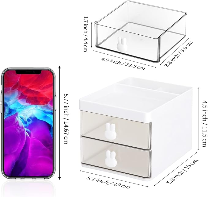 LETURE Small Desk Organizer With Drawer, Office Desktop Storage Box, Business Card/Pen/Pencil/Mobile Phone/Stationery Holder Storage Box, Makeup Organizer for Office School Home (White)