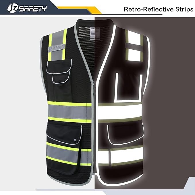 JKSafety 9 Pockets Hi-Vis Black Safety Vest for Men Women High Visibility Reflective Construction Mesh Fabric Cushioned Collar Work Utility PPE Work Gear ANSI/ISEA compliant (101-Black M)
