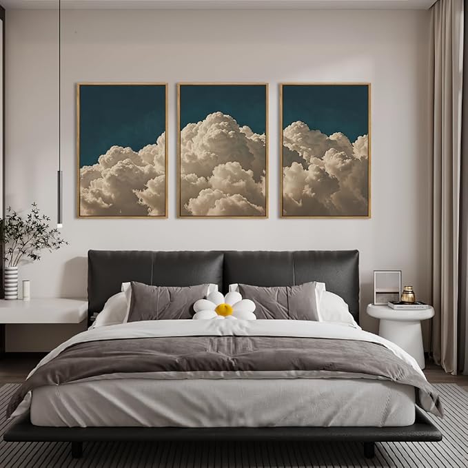 IARTTOP Extra Large Navy Blue Cloud Wall Art 24x36 Inch Framed Abstract Modern Landscape Canvas Wall Decor Minimalist Sky Painting Set of 3 for Bedroom Living room Office