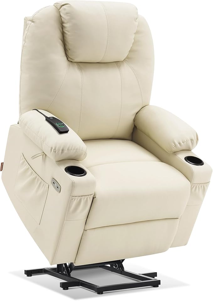 MCombo Large Power Lift Recliner Chair with Massage and Heat for Tall Elderly People, 3 Positions, Cup Holders, and USB Ports, Faux Leather 7516 (Large, Cream White)