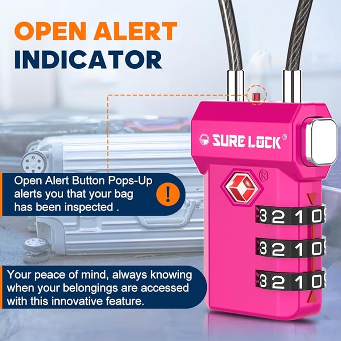 SURE LOCK TSA Approved 3-Digit Combination Luggage Locks – Open Alert Indicator, Re-settable Code with Zinc Alloy Body, Easy-Read Dials for Suitcase, Backpack, Gym Locker & Toolbox (Multiple Colors)