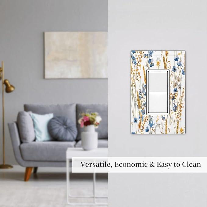 Vintage Wildflower Blue Gold Country Fall Wheat Floral Decorative Outlet Covers 1 Gang Single Rocker Light Switch Cover Plate Wall Plates GFCI Faceplate for Bedroom Living Room Decor