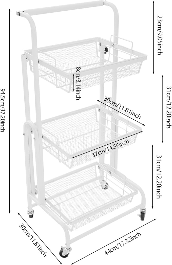 3 Tier Rolling Utility Cart with Wheels, Metal Rolling Foldable Storage Shelves, Adjustable Tilt Angle Storage Organizer for Living Rooms, Kitchens, Bathrooms (White)