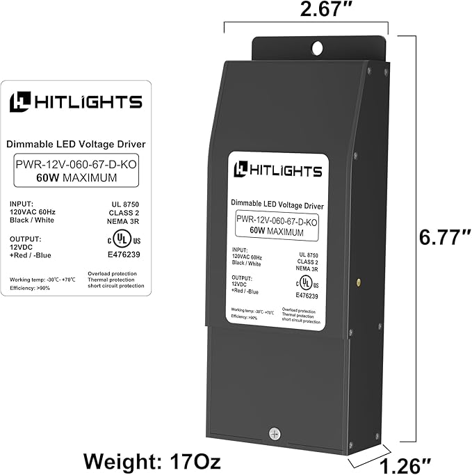 HitLights Dimmable LED Driver 60W 12V DC, 120V AC Input to 12V DC Output, Class 2, Compatible with Lutron and Leviton, Constant Voltage, Bare Wire Connections, UL Listed, Made in USA
