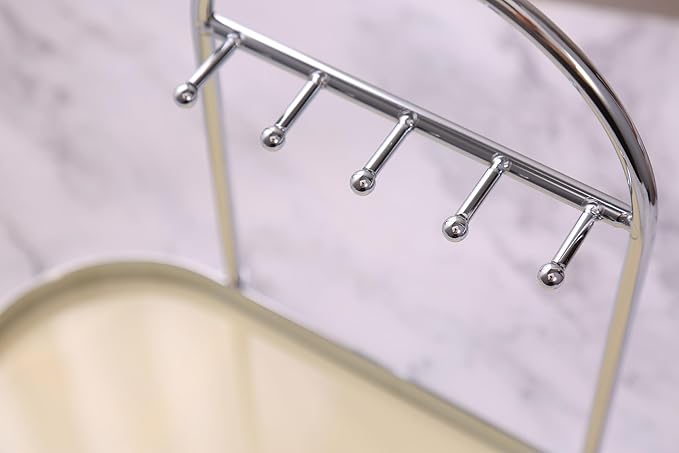 Shinpuru Metal Jewelry Organizer Stand & Key Holder Tray with Acrylic Base, Key Stand and Jewelry Tray with 5 Hooks, Perfect Key Bowl, Valet Key Tray, Ring Holder, Jewelry Dish (Silver Creamy)