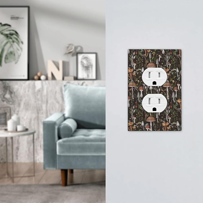 Rustic Vintage Boho Plant Mushroom Floral Leaf 1 Gang Duplex Outlet Cover Decorative Single Wall Plate Electrical Receptacle Light Switch Cover Dimmer Swithplate Faceplate for Country Bathroom Kitchen