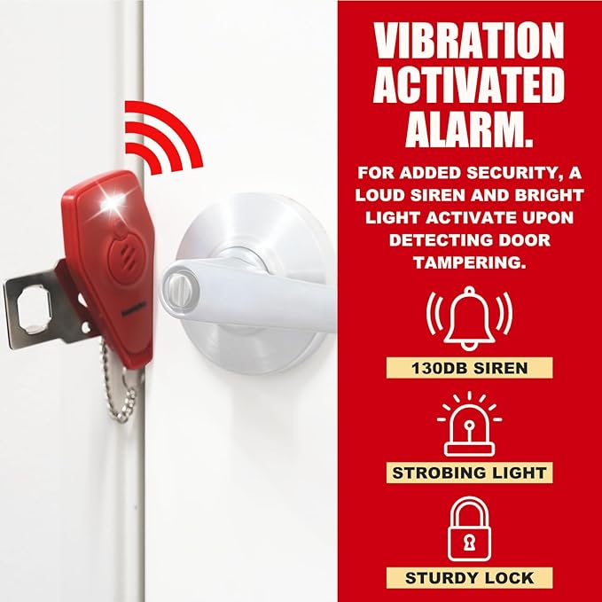 Securityman Portable Door Lock with Alarm | Hotel Door Locks for Travelers Security | Loud 130dB Door Security Device for Hotel Room, Apartment Home, & Travel Safety Inside for Women Children - Red