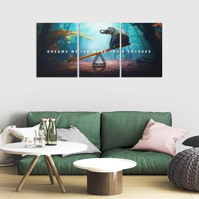 Unbruvo Elephant Wall Art for Office, Motivational Inspirational Canvas Wall Art, 3 Pieces Elephant Painting Prints Wall Decor for Living Room Bedroom Classroom Dorm(36”Wx16”H)