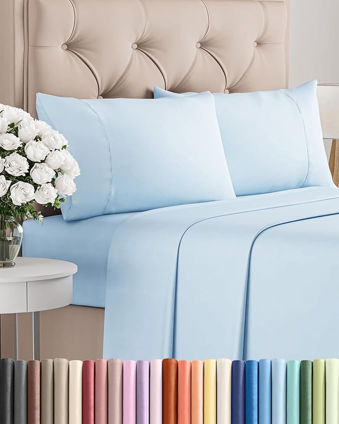 Twin XL 4 Piece Sheet Set - Cooling & Breathable Bed Sheets - Hotel Luxury Bed Sheets for Women, Men, Kids & Teens - Deep Pocket Bedding w/Easy Fit - Soft & Wrinkle Free - Twin XL Light Blue Sheets
