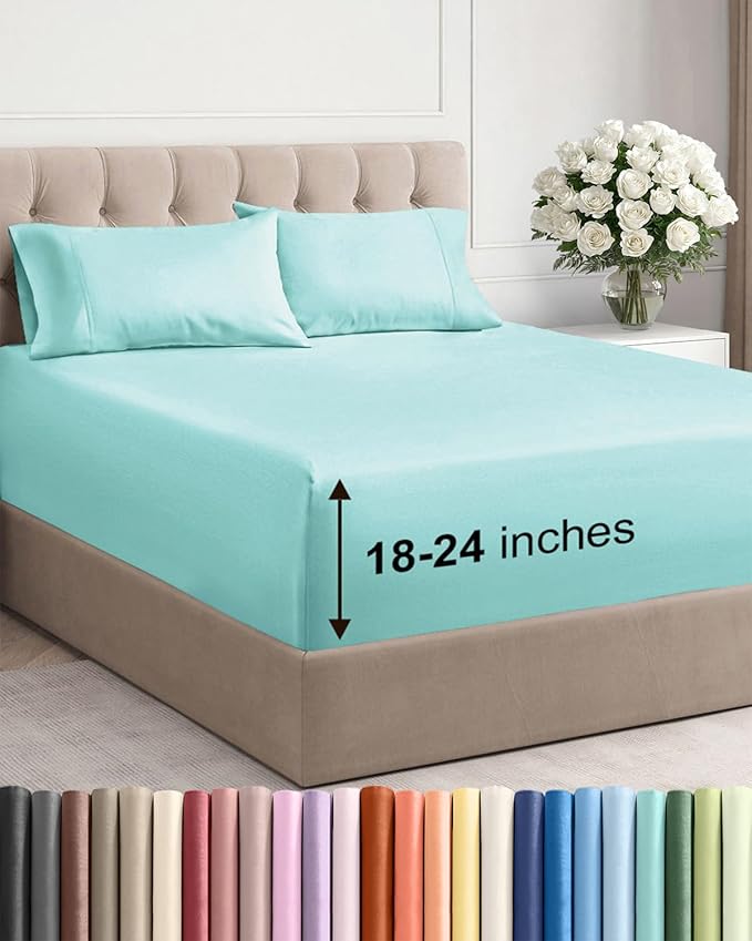 Extra Deep Twin Sheet Set - 4 Piece Breathable & Cooling Sheets - Hotel Luxury Bed Sheets Set - Easy & Secure Fit - Soft, Wrinkle Free & Comfy Sheets Set - Spa Blue Sheet Set with Extra Deep Pockets