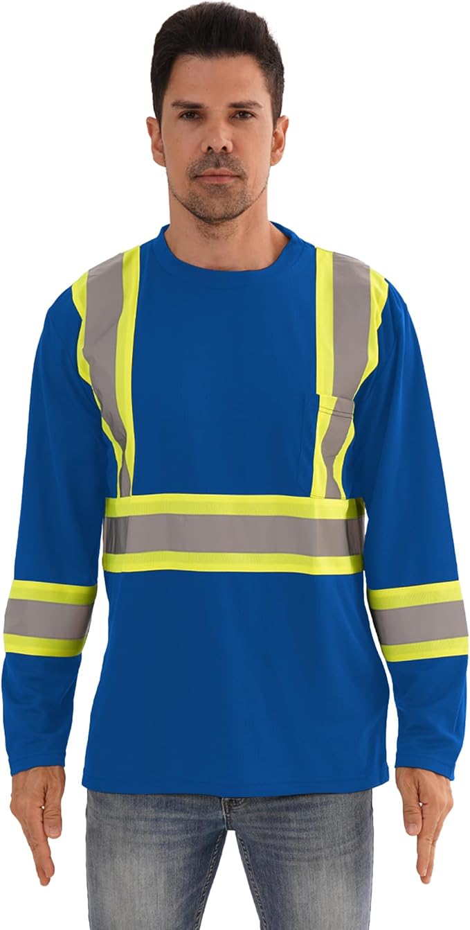 Hi Vis Safety Long Sleeve Shirts，High Visibility Class 3 T Shirts with Reflective Strips and Pocket, Quick Dry Mesh Construction Work Shirt for Men/Women (Blue,5XL)