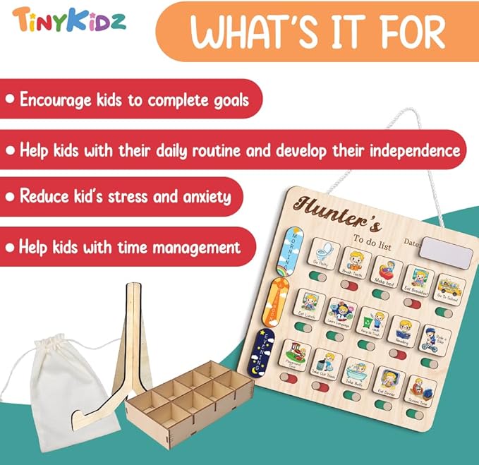Wooden Chore Chart for Kids Visual Schedule, Routine Chart for Kids, Morning Bedtime Routine Chart for Toddlers Ages 2-4, Daily Kids Schedule Board for Home (14)