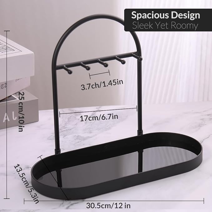 Shinpuru Metal Jewelry Organizer Stand & Key Holder Tray with Acrylic Base, Key Stand and Jewelry Tray with 5 Hooks, Perfect Bowl, Valet, Key Tray, Ring Holder, Jewelry Dish(Matt Black)