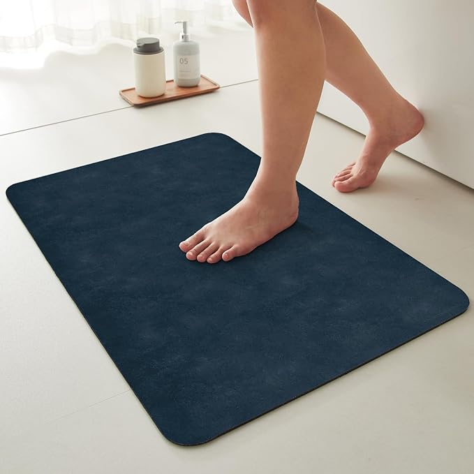 Bathroom Mat Quick Dry, Bathroom Rugs Non Slip Washable Thin Absorbent Bath Mat Fits Under Door Bathroom Floor Mat Perfect for Bath, Shower, or Sink 24"x48" Navy Blue