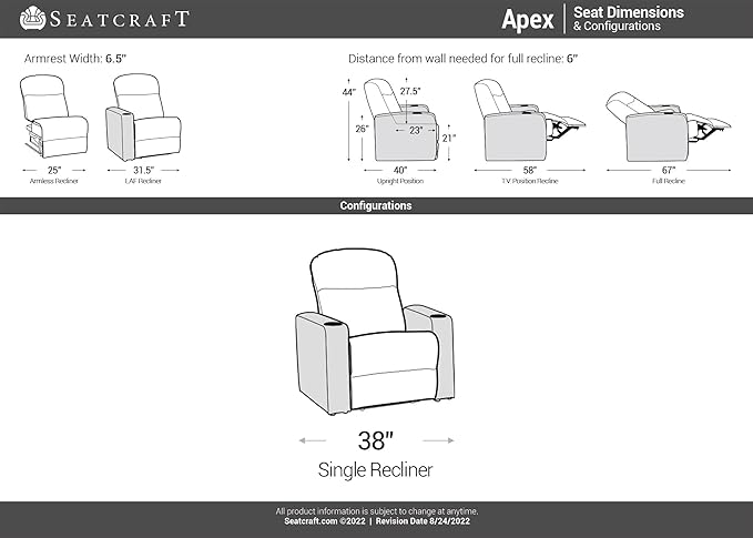 Seatcraft Apex Home Theater Seating, Living Room, Powered Headrest, Powered Lumbar, Powered Recline, Italian Leather, USB Charging, Single Recliner, Black