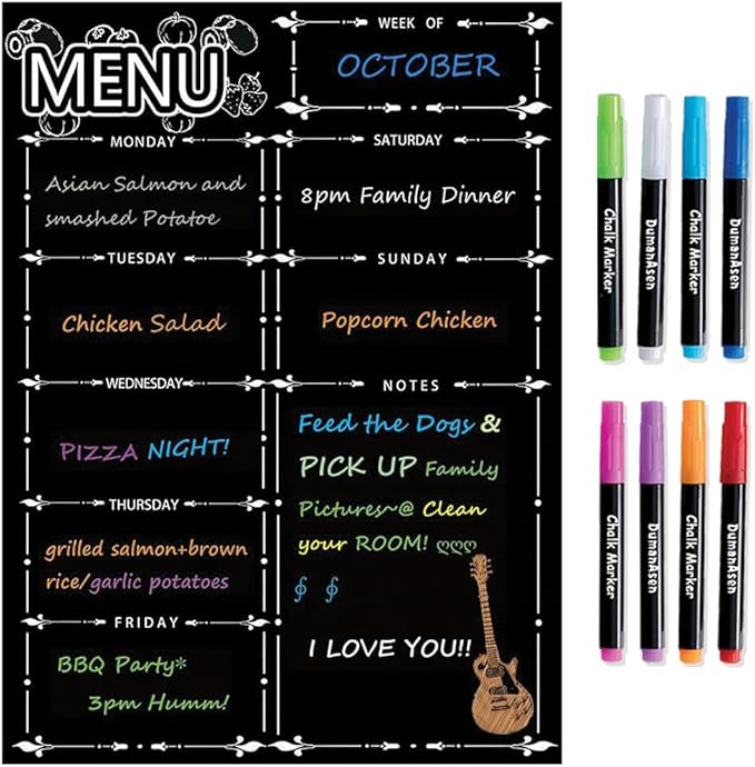 Magnetic Menu Board for Fridge, LiebHome Dry Erase Weekly Menu Planner/Family Calendar 16" x 12" with Grocery List and Notes (Black with 8 Markers)