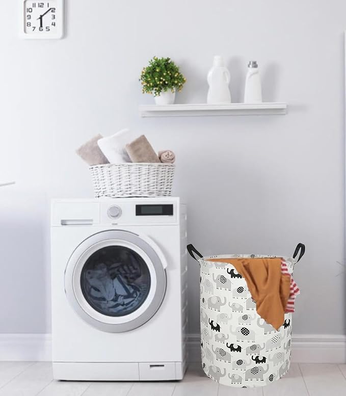 19.7" Round Canvas Large Clothes Basket Laundry Hamper with Handles,Waterproof Cotton Storage Organizer Perfect for Kids Boys Girls Toys Room, Bedroom, Nursery,Home,Gift Basket(elephant)