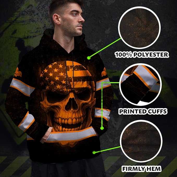 Matedecor Skull US Flag Reflective High Visibility Hoodie For Men Construction Hi Vis Safety Workwear Custom Name