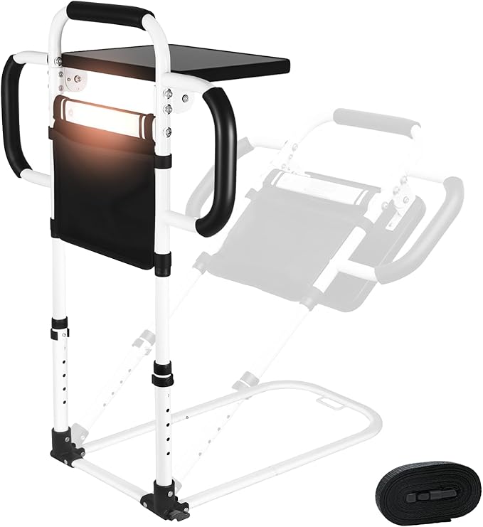 Bed Rails for Elderly Adults Safety: 90° Foldable Bed Assist Rails for Seniors w/Tray & Sensor Light, Adjustable Height Bedside Support Rail with 3 Handles, Storage Pocket, Heavy Duty 350lb